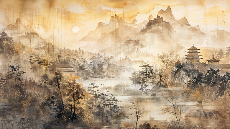 中国风壁画水墨工笔山水植物建筑场景