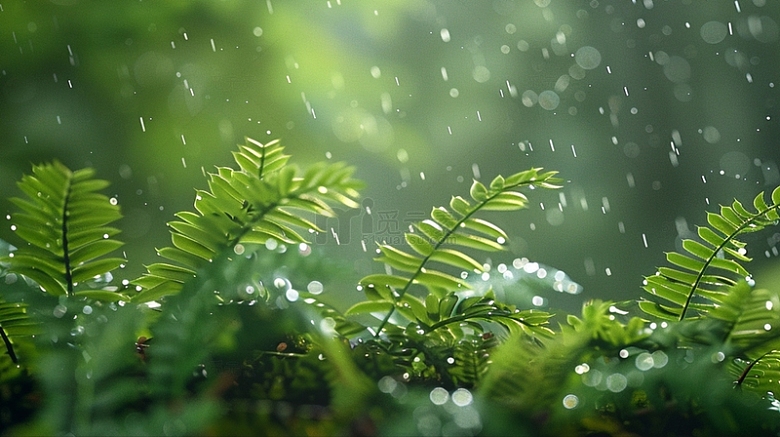 春天绿色植物下雨生机自然场景