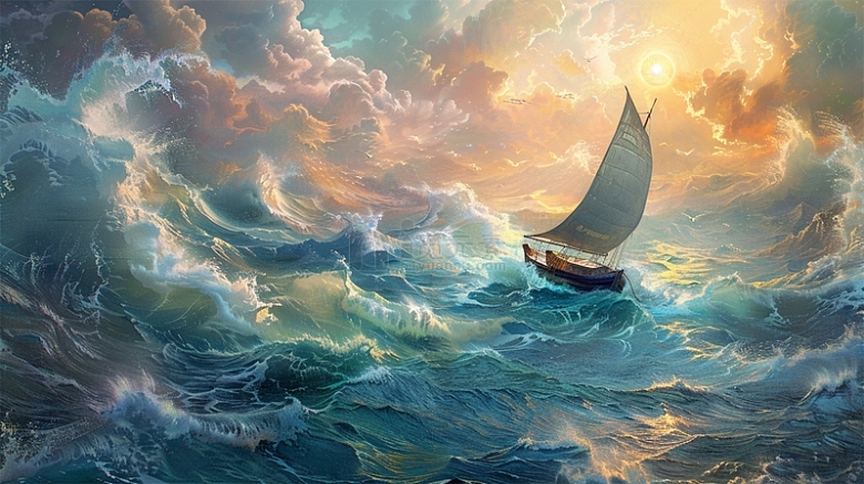 帆船海浪太阳场景插画壁画