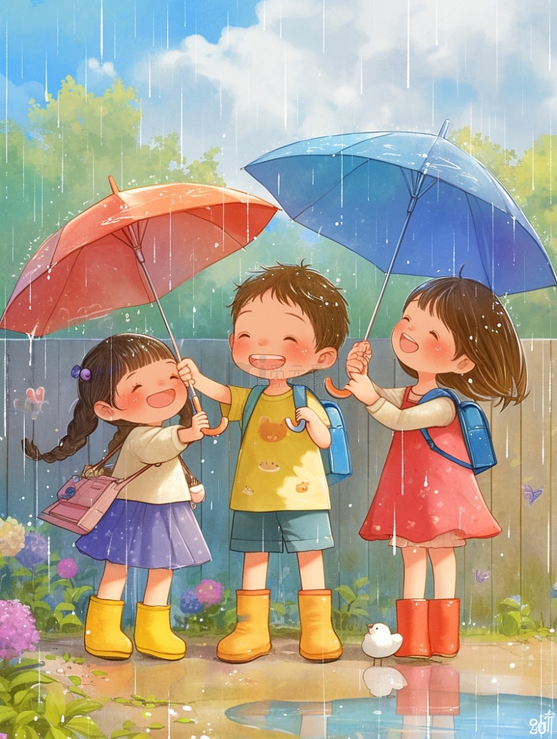 雨中嬉戏的孩童
