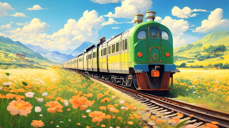 花海火车插画风景