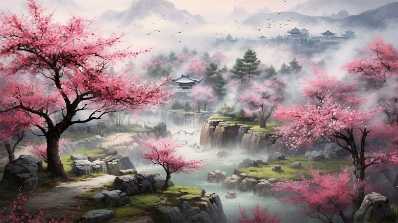 中国风建筑桃树桃花唯美风景山水