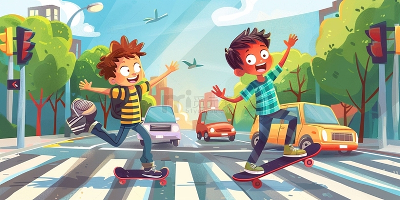 玩滑板横穿马路的两个男孩