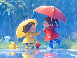 春日下雨打伞的儿童