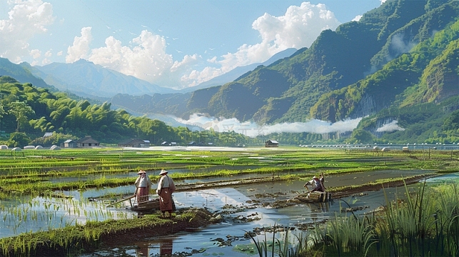 春天田间劳作农耕山水唯美场景