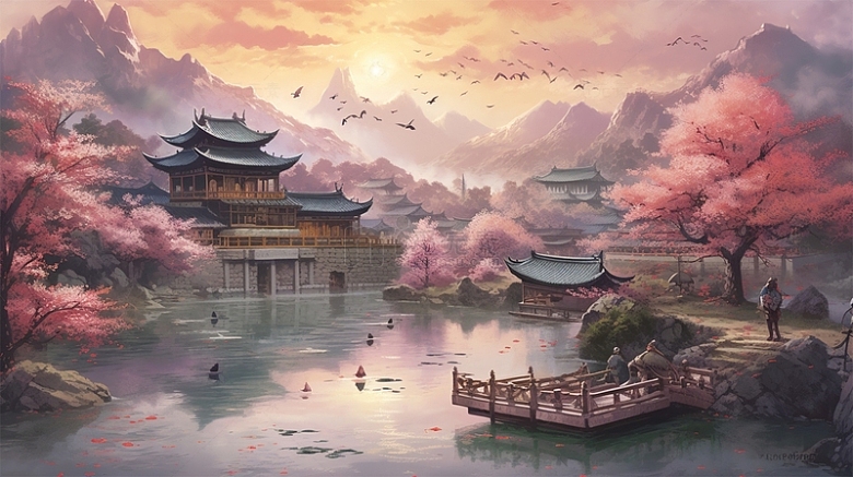 中国风唯美场景粉色建筑山水