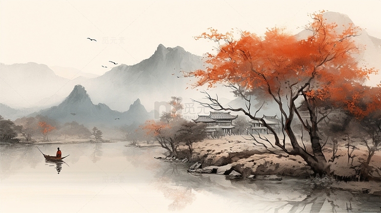 中国风山水植物建筑场景插画