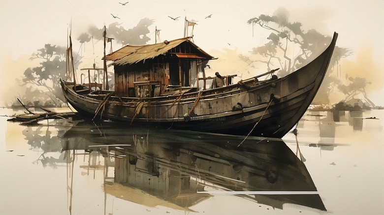中国风水墨插画船渔船场景水
