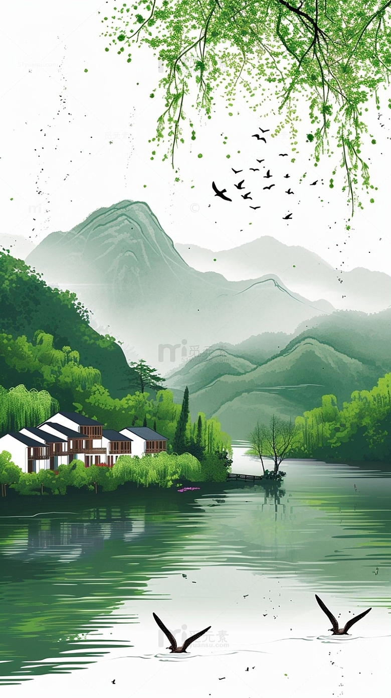 写意中国彩色山水画