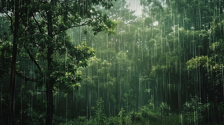 森林春天绿色雨林下雨场景