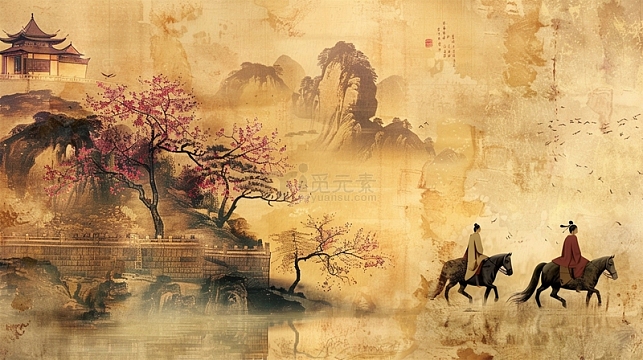 中国风复古人物建筑场景骑马