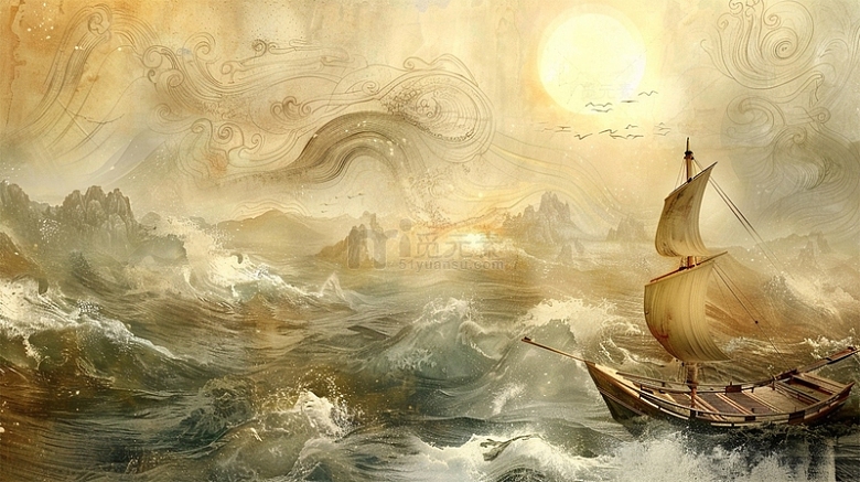 中国风山水插画海浪背景太阳帆船