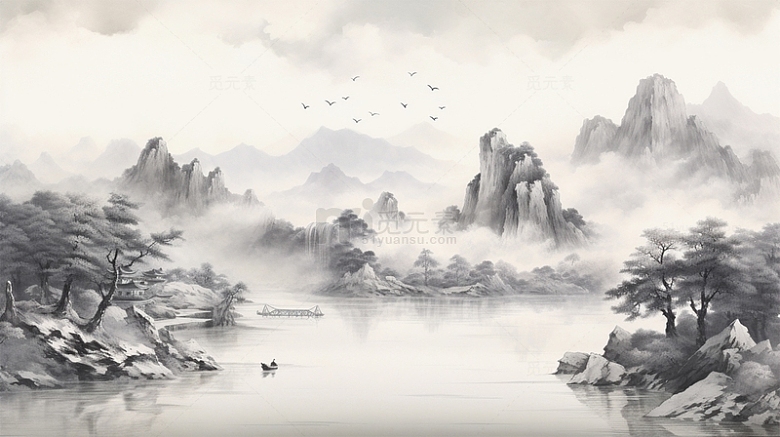 中国风水墨黑白山水场景风景插画
