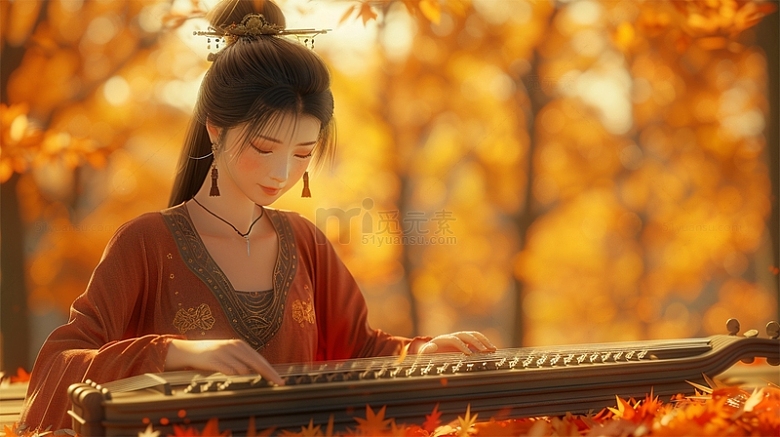 中国风弹琴古风唯美场景插画