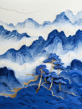 蓝色山水树木