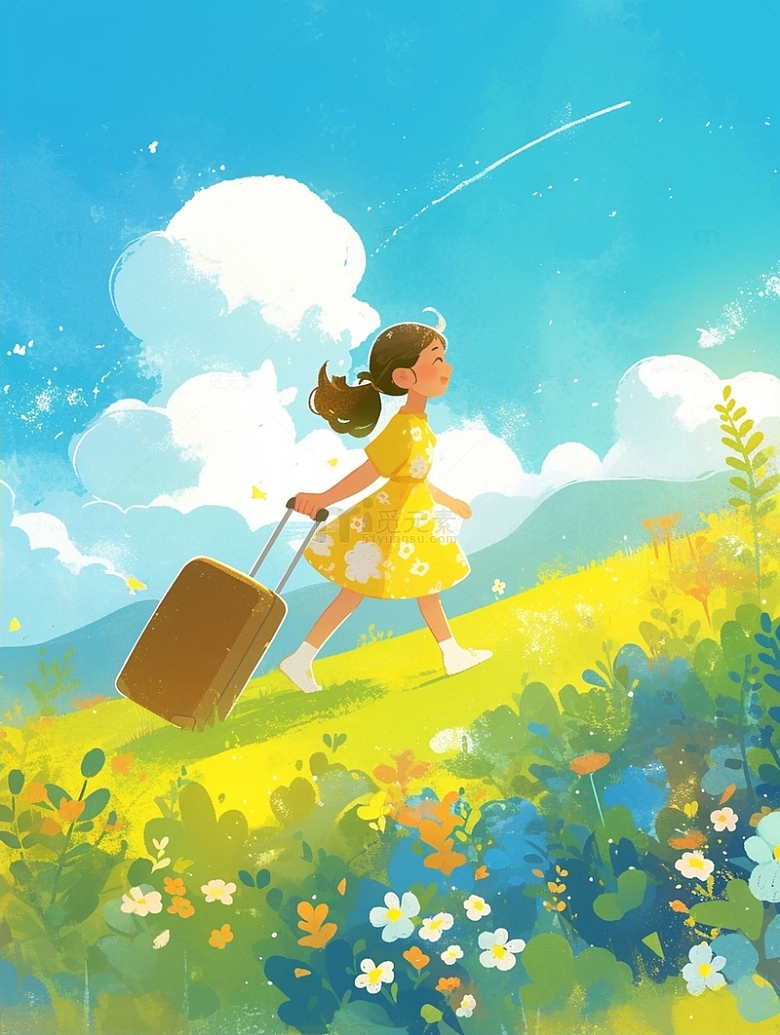 唯美春日草地上小女孩拉着行李箱