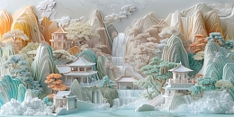 山水写意大理石纹烧瓷世外桃源