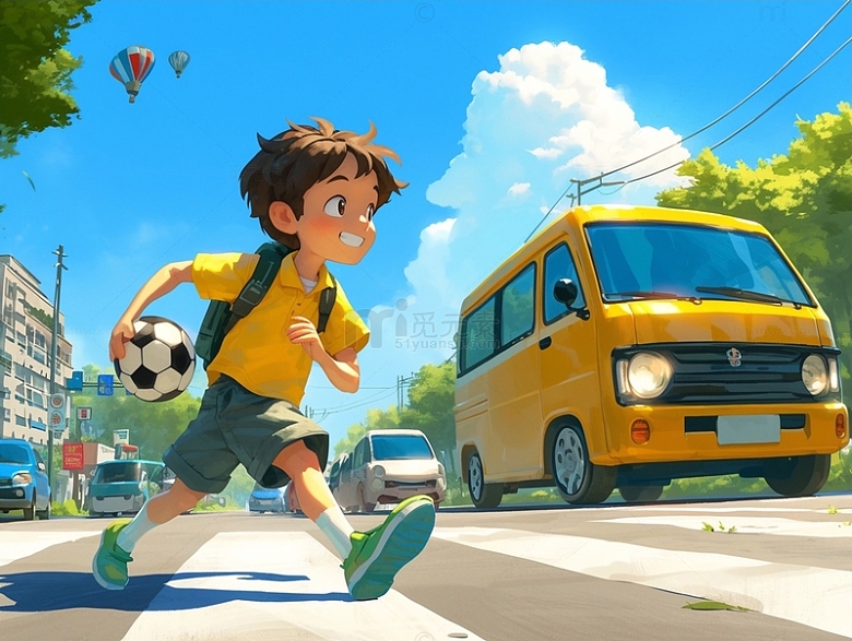 男孩拿着足球过马路