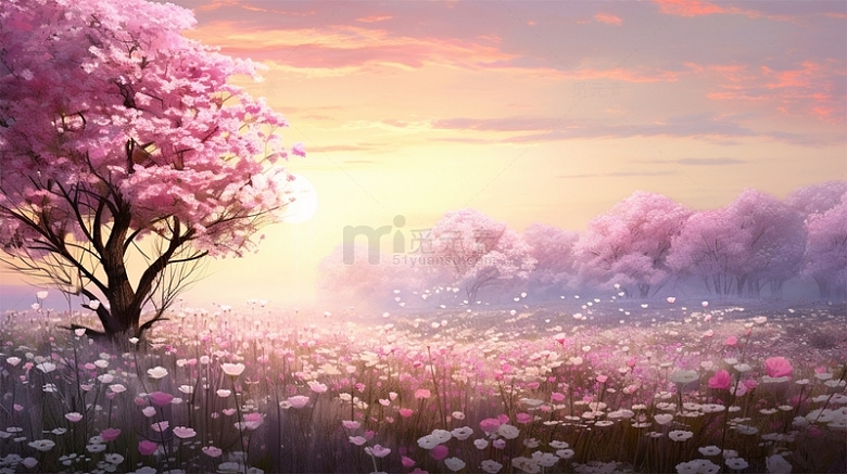 春天唯美粉色鲜花植物太阳场景