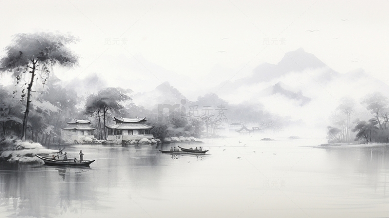 中国风山水水墨船场景插画黑白