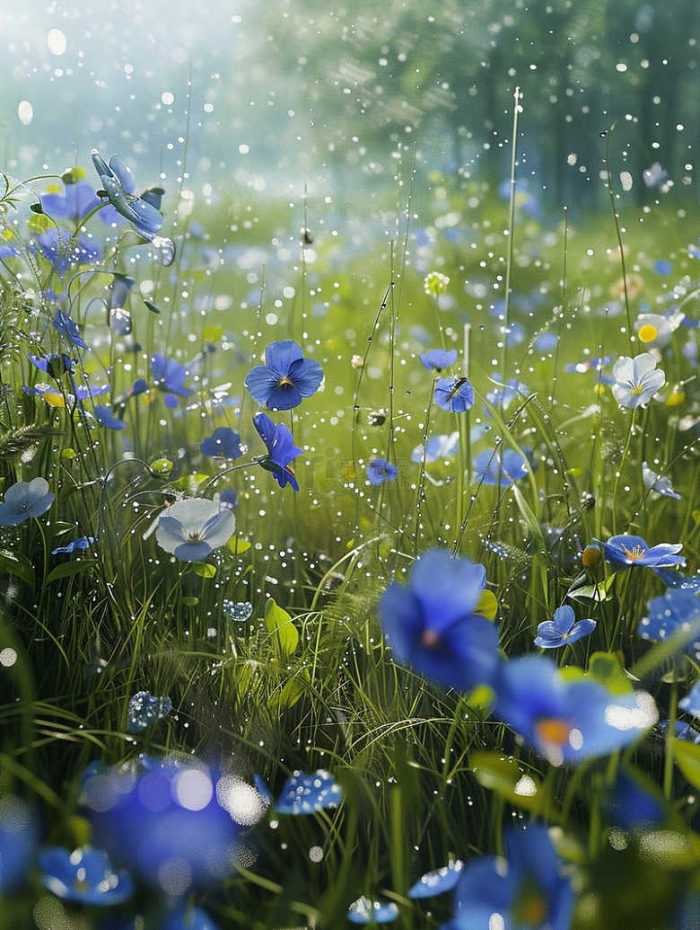 草地上蓝色花朵拍摄