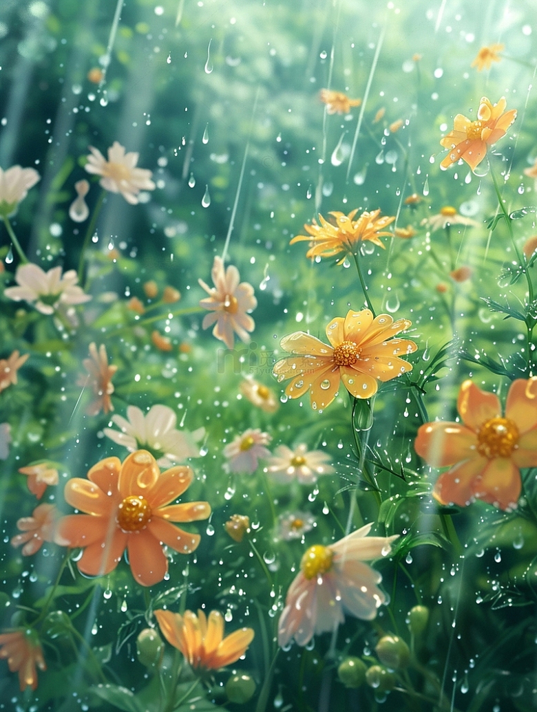 雨水下的黄色菊花