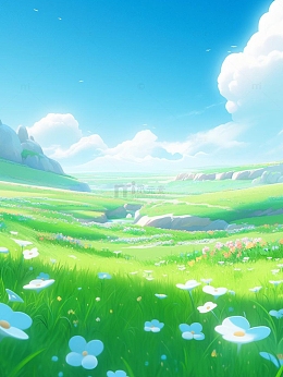 蓝天白云白花草地背景