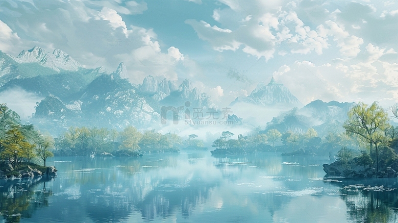 中国风山水植物蓝天白云唯美梦幻场景
