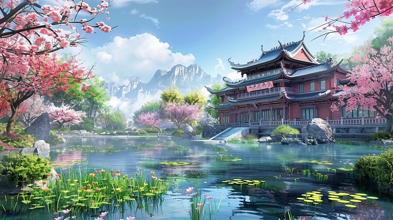 中国风山水建筑鲜花湖面唯美场景