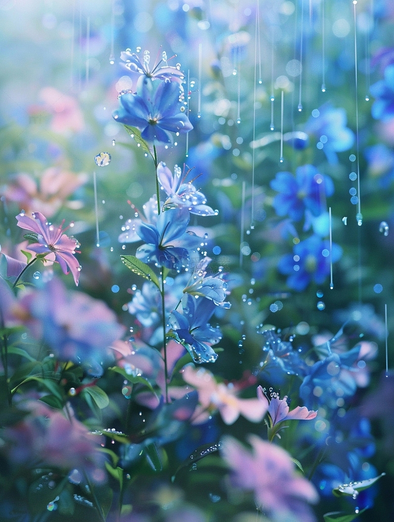 雨水下的蓝色花朵