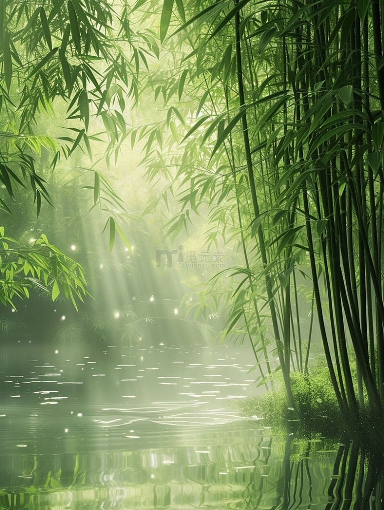 小溪边绿色竹林