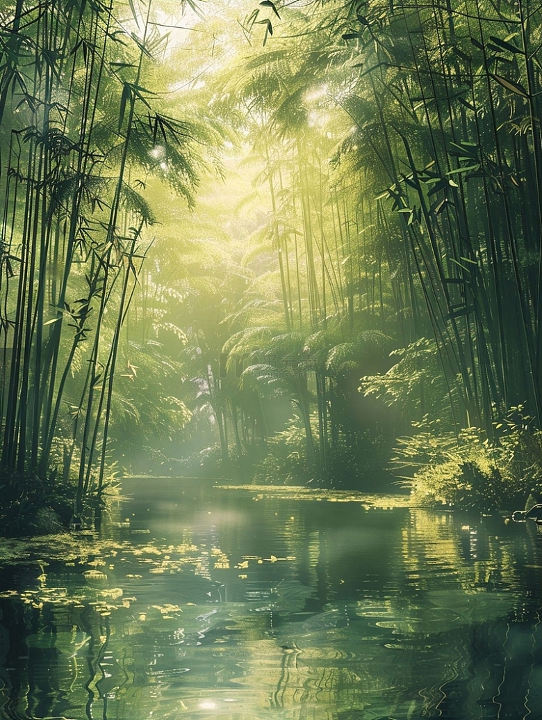 溪水边竹林自然风景