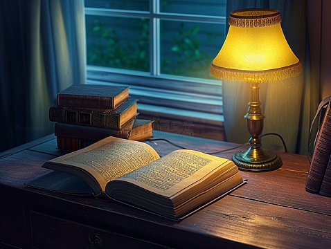 夜晚下台灯与书籍