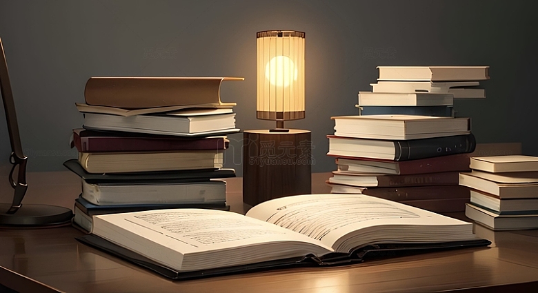 办公桌上台灯与书籍