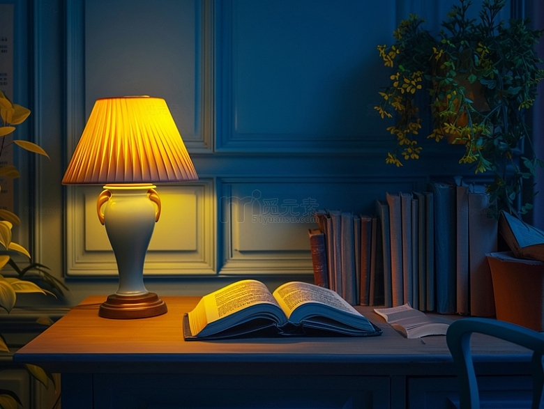 夜晚静谧感台灯与书籍