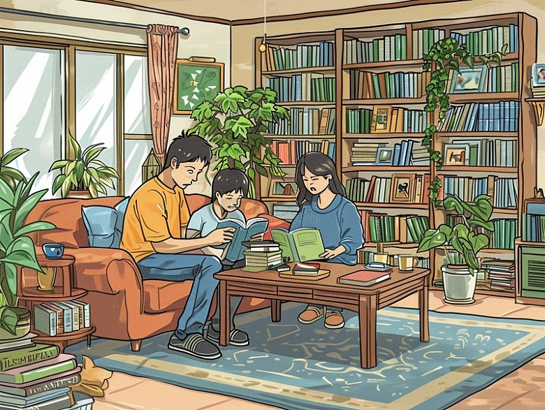 手绘一家人读书场景