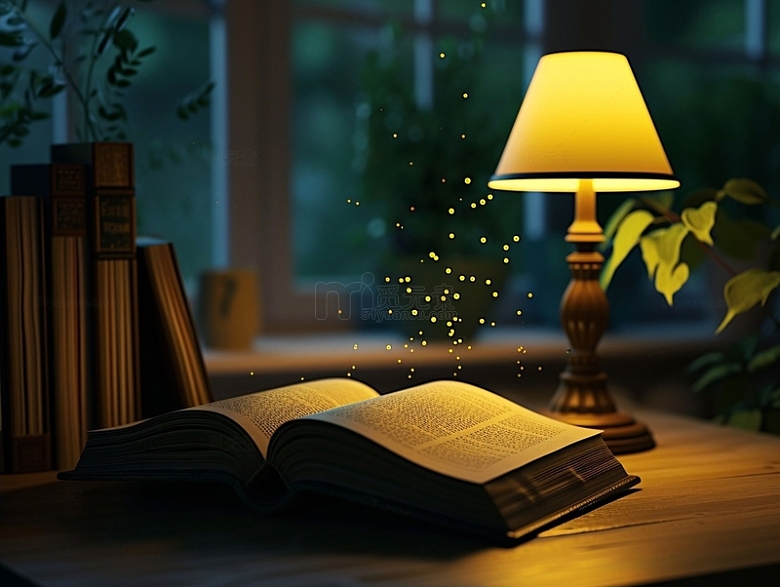 夜晚静谧台灯下的书籍摄影