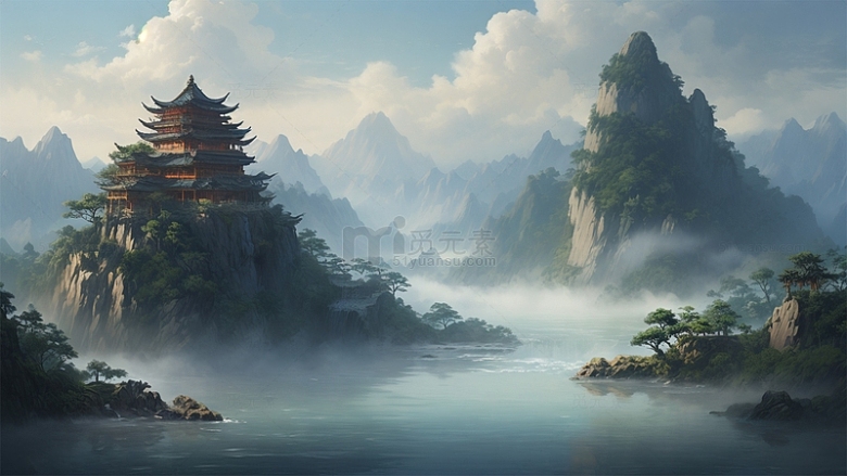 中式建筑山水植物场景中国风