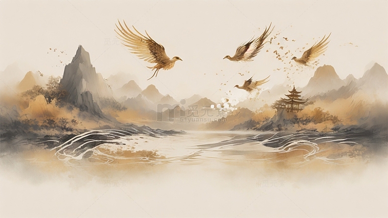 中国风中式水墨山水建筑鸟场景