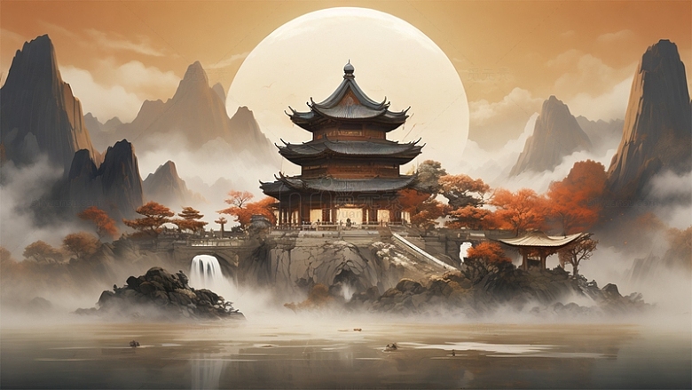 中国风中式建筑太阳山水凉亭唯美场景