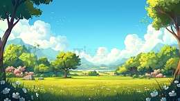 春天草地树木花朵插画背景