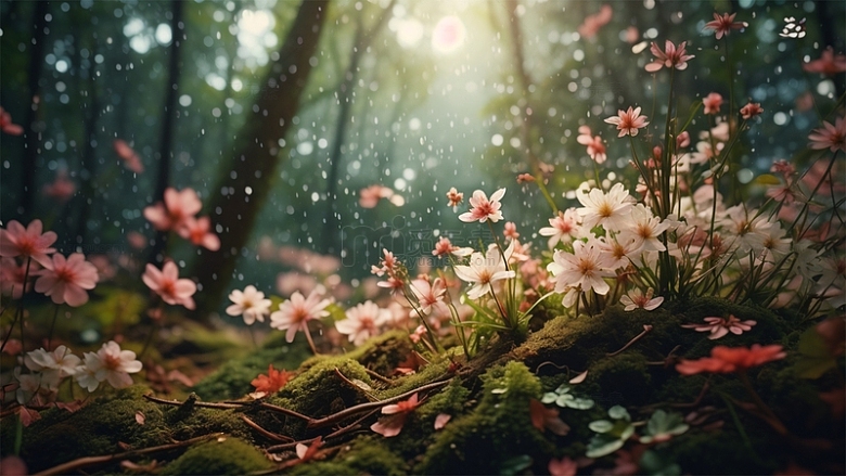 春天鲜花自然下雨生机唯美场景