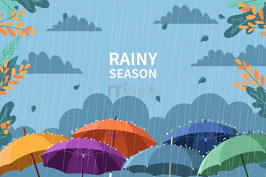 手绘下雨天的树木和撑开的雨伞