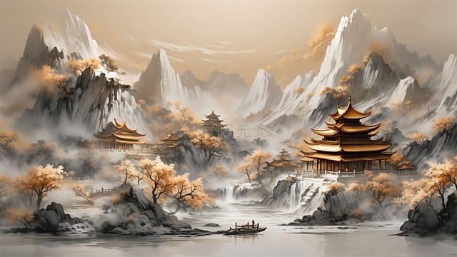 中国风建筑山水水墨唯美场景