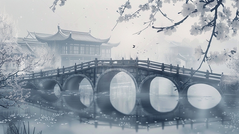 中国风建筑黑白桥鲜花春天唯美场景