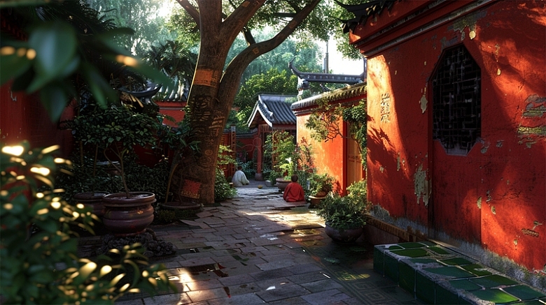 中国风建筑唯美红色庭院场景