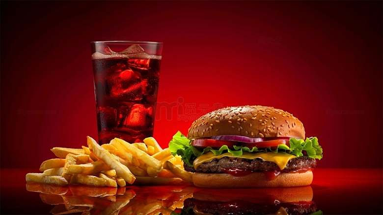 汉堡可乐薯条红色美食场景