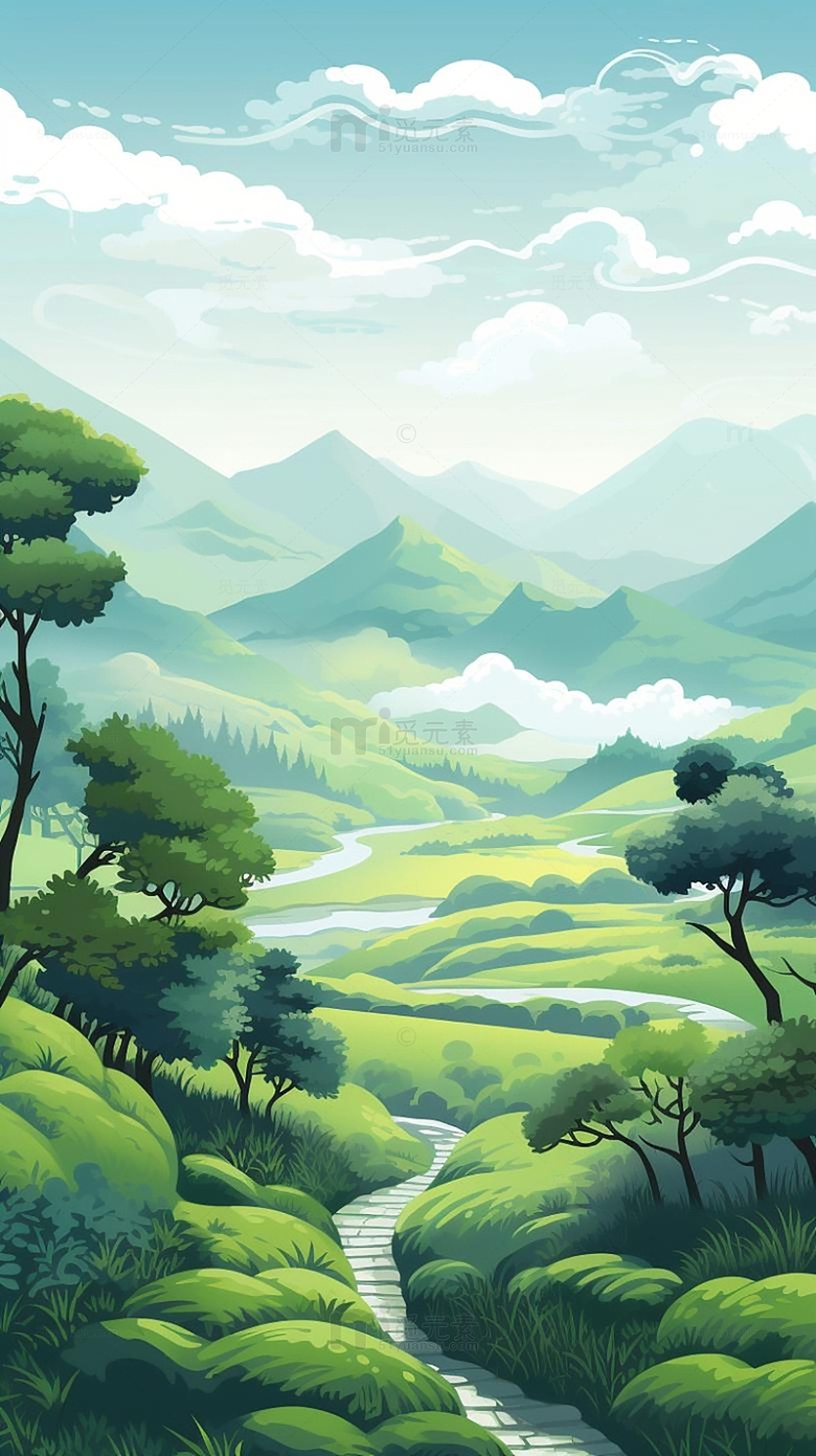 中国风绿色手绘树林插画背景