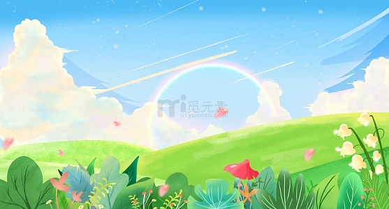 春天踏青卡通唯美蓝天白云草地风景背景