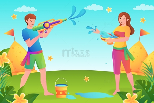 在草地上玩水的男女